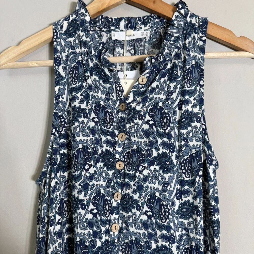 Mango Floral Paisley Print Button Up Tiered Maxi Dress Women's 2 Blue White NWT